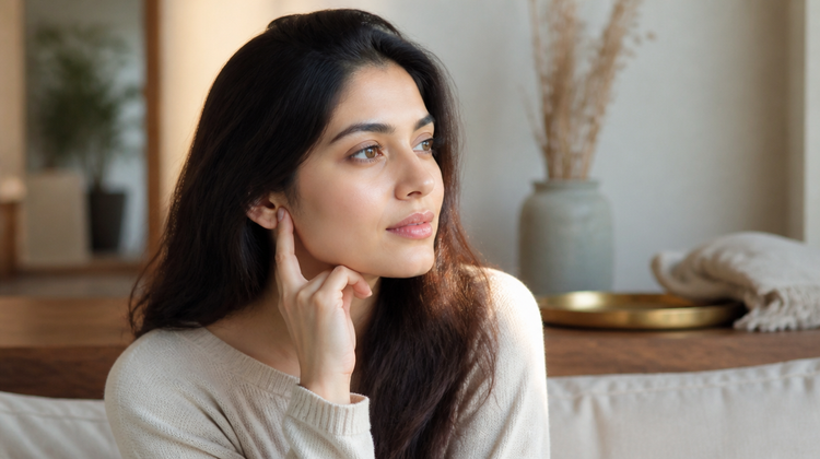 A young Indian woman resting her fingertips gently against her cheek by a sunlit window, caring for dry, sensitive skin