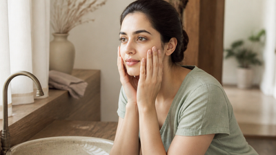 A young Indian woman pausing mid skincare routine at a basin, palms pressed gently to her cheeks