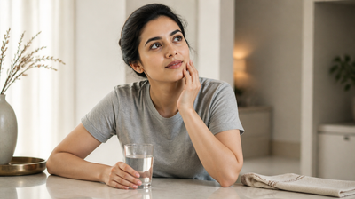A young Indian woman at a bright kitchen counter with a glass of water, touching her jawline thoughtfully