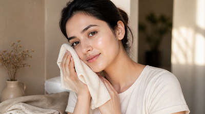 A young Indian woman gently patting her cheek dry with a soft linen towel after washing