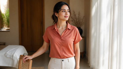 A young Indian woman freshly dressed in a short-sleeved cotton shirt, standing composed in a bright, sunlit bedroom