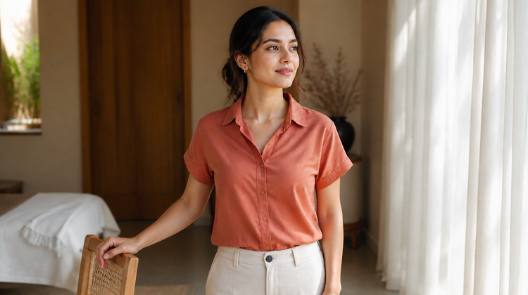 A young Indian woman freshly dressed in a short-sleeved cotton shirt, standing composed in a bright, sunlit bedroom