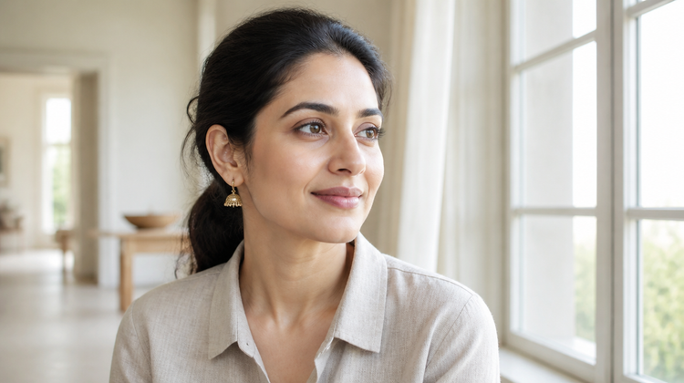 An Indian woman sitting beside a tall glazed window in bright daylight, illustrating why UVA reaching you through window glass is the reason to wear sunscreen indoors