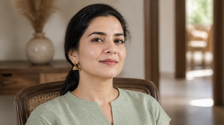 An Indian woman sitting calmly at home with clear, well-cared-for skin, illustrating that a daily routine does more for skin than a monthly salon facial