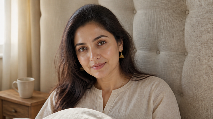 An Indian woman sitting up in bed in early morning light with hydrated, dewy skin, illustrating what slugging is meant to do overnight
