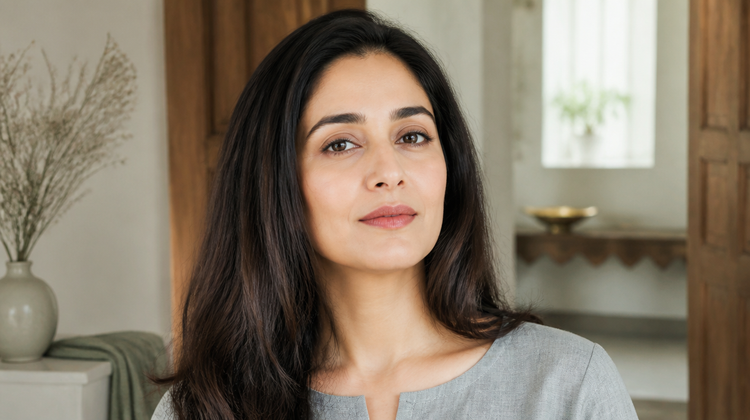 A woman in her mid-thirties with clear, even skin standing in a sunlit Indian home, illustrating adult acne in your 30s