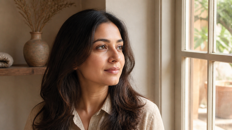 A woman with clear, evenly luminous skin beside a sunlit casement window, illustrating the skin cell turnover cycle