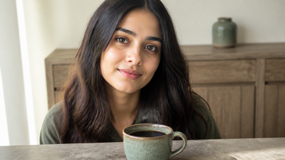 A woman with clear skin at a kitchen counter beside a ceramic mug of black coffee, illustrating whether coffee causes acne
