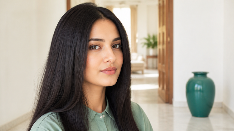 A woman with clear, even skin in a sunlit Indian home, illustrating how often to use salicylic acid