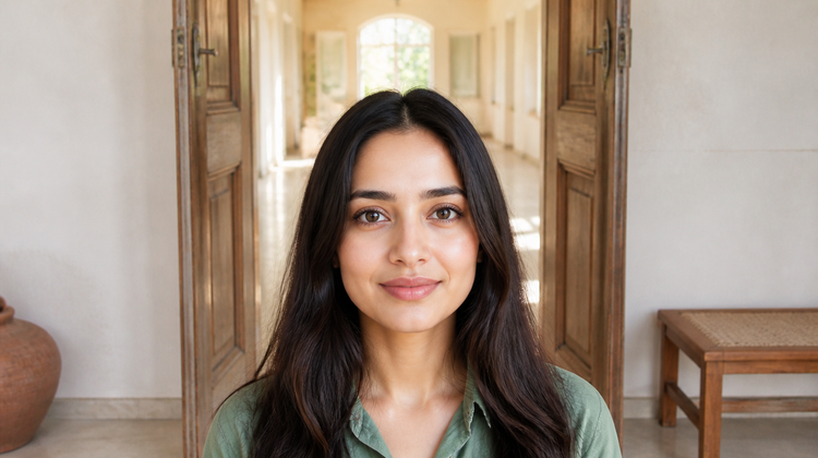 A woman with a clear forehead and hairline standing in a sunlit doorway, illustrating dandruff-related forehead and hairline breakouts