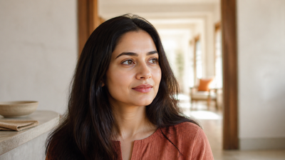 An Indian woman in clear morning daylight with smooth, even skin tone, illustrating the slow fade of dark spots over months