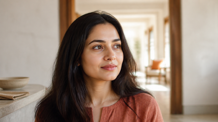 An Indian woman in clear morning daylight with smooth, even skin tone, illustrating the slow fade of dark spots over months