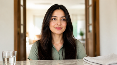 An Indian woman at a marble counter with a glass of water, combining a topical acne serum with ingestible Ayurvedic drops