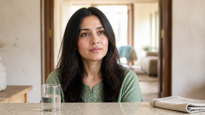 An Indian woman at a terrazzo counter with a glass of water, weighing oral acne supplements against topical treatment