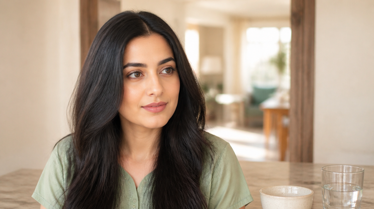 An Indian woman at a sunlit kitchen counter with a glass of water, taking an inside-out approach to hormonal acne