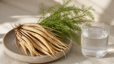 Fresh shatavari root (Asparagus racemosus) on a stone dish beside a clear glass of water, illustrating shatavari safety and daily use
