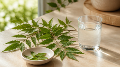 Fresh neem leaves on a kitchen counter beside a clear glass of water, illustrating neem taken internally for acne