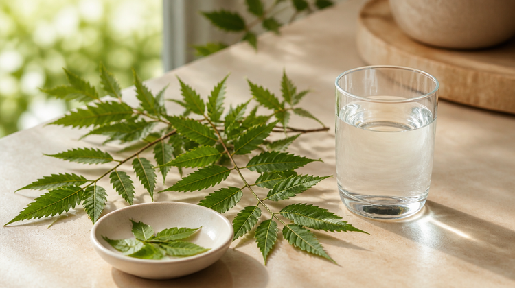 Fresh neem leaves on a kitchen counter beside a clear glass of water, illustrating neem taken internally for acne