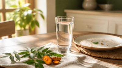 A glass of water and a finished breakfast plate with neem leaves and turmeric root on a kitchen table, illustrating taking Ayurvedic acne drops after food
