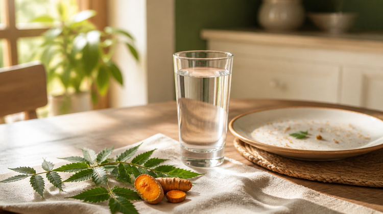 A glass of water and a finished breakfast plate with neem leaves and turmeric root on a kitchen table, illustrating taking Ayurvedic acne drops after food