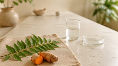 Ayurvedic botanicals — a neem leaf and turmeric root — alongside clinical laboratory glassware on one table, comparing Ayurvedic and allopathic acne treatment