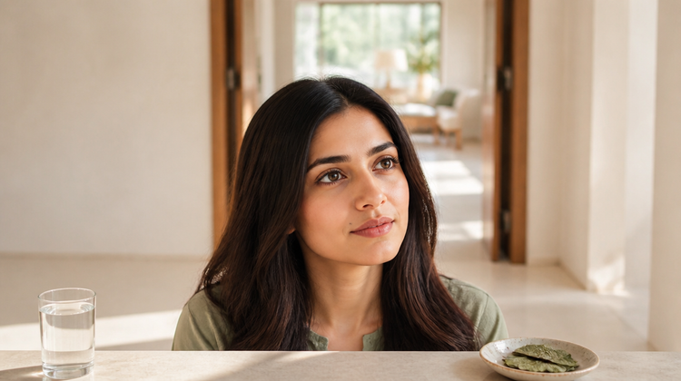 A woman sits at a sunlit kitchen table with a glass of water and a small dish of dried neem leaves, considering whether an Ayurvedic acne supplement is right for her