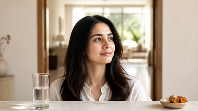A woman at a sunlit kitchen counter with a glass of water and fresh turmeric root, part of a daily inside-out Ayurvedic routine