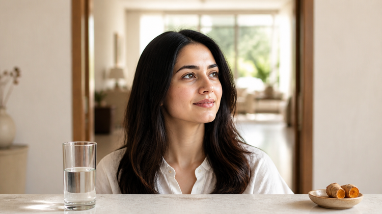 A woman at a sunlit kitchen counter with a glass of water and fresh turmeric root, part of a daily inside-out Ayurvedic routine
