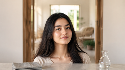 A woman with freshly cleansed, softly dewy skin at a sunlit table with a folded linen towel and a glass carafe of water