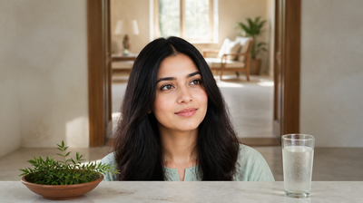 A woman in a cool, calm sunlit room with a terracotta bowl of fresh neem sprigs and a chilled glass of water