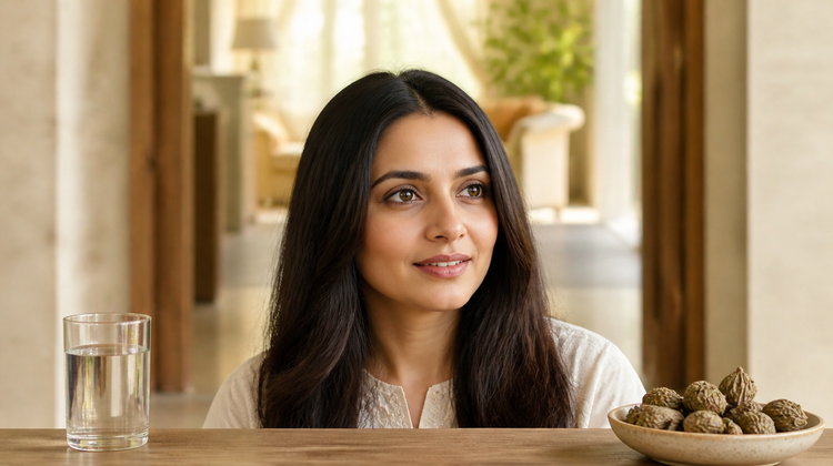 A woman at a sunlit breakfast table with a stoneware bowl of dried triphala fruits and a glass of warm water