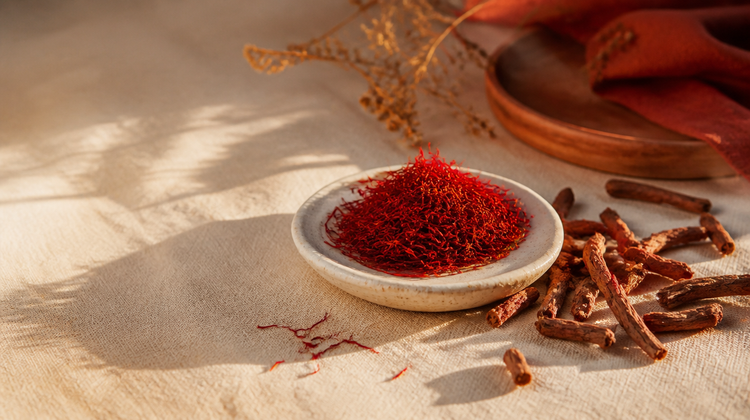 Crimson saffron threads in a small handmade ceramic dish beside dried Ayurvedic root pieces on cream linen, illustrating a guide to kumkumadi tailam for skin