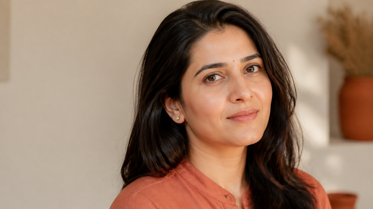 An Indian woman with even, luminous skin in soft directional daylight, illustrating a guide to identifying the different types of facial pigmentation