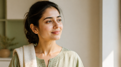 An Indian woman in clean morning light partway through her daily skincare routine, illustrating a guide to why acne comes back after it clears