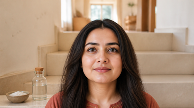 Indian woman with even, settled skin tone standing in bright daylight at the foot of a sunlit stairwell