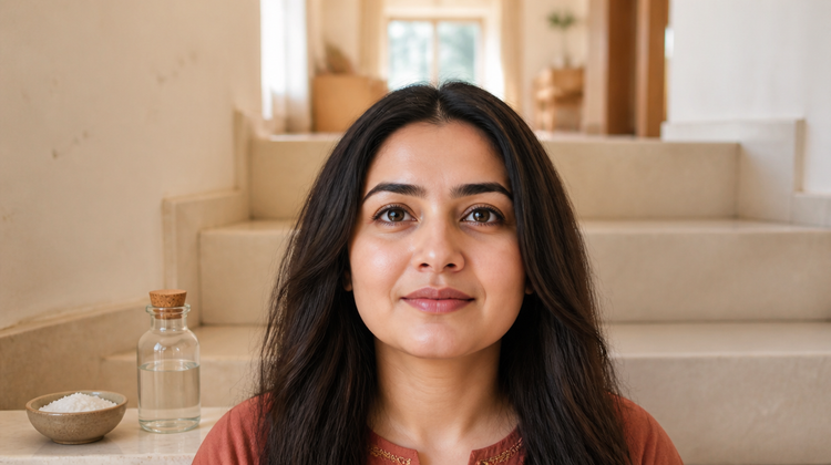 Indian woman with even, settled skin tone standing in bright daylight at the foot of a sunlit stairwell