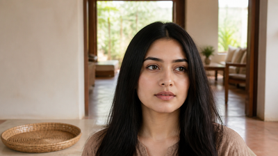 Indian woman pausing thoughtfully in an open veranda doorway in warm afternoon daylight