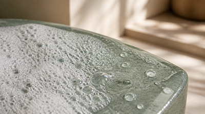 Cleansing foam collapsing back into water on wet sage-green glazed ceramic, showing how surfactant lather breaks down