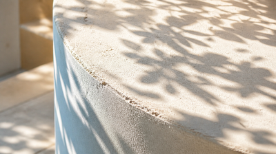 Dappled midday leaf shadows falling across a bright sunlit pale plaster surface