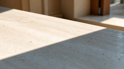 Hard directional sunlight casting a crisp shadow line across a pale honed stone surface