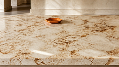 Pale cream marble marked with irregular amber-brown mineral staining beside a small terracotta dish, evoking uneven skin pigmentation