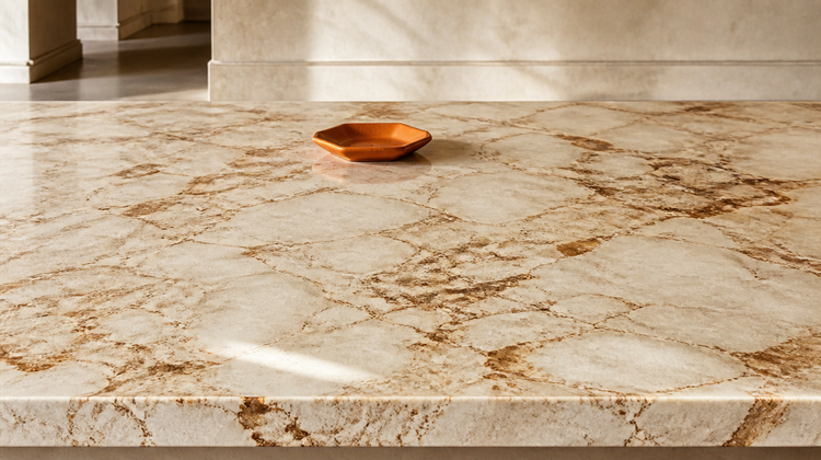 Pale cream marble marked with irregular amber-brown mineral staining beside a small terracotta dish, evoking uneven skin pigmentation