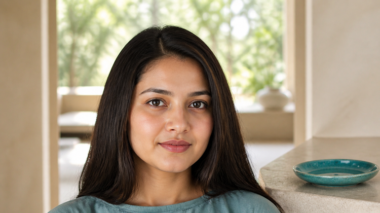 A woman standing in a sunlit room beside a teal glazed ceramic dish, calm after rethinking her exfoliation routine