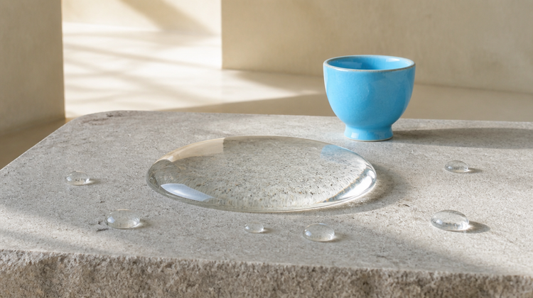 A shallow pool of clear transparent gel on pale grey stone beside a sky-blue glazed cup, illustrating panthenol as a humectant