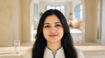 A woman in an ivory kurta with sky-blue collar piping standing calmly in a bright hall beside a glass of water, an hour after a facial