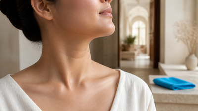 A close photograph of a woman's neck and collarbone in raking daylight, chin lifted and head turned, with soft natural horizontal lines visible across the throat