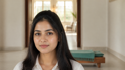 A woman in her early twenties in flat even daylight, her face turned toward the light with real unretouched skin texture visible, taking stock of her own skin