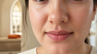 A close view of the nose and centre of a woman's face in daylight, showing visible pores and the slightly warmer, deeper tone across the nose compared with the surrounding cheeks