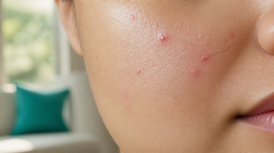 A close view of a cheek in soft daylight showing a few small raised pink spots of a mild breakout, with visible pores and natural skin texture