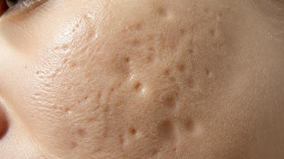 Extreme close-up of a cheek in raking side light showing intermixed atrophic acne scars of different sizes, from tiny deep pits to broad shallow hollows